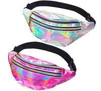Riñonera Moda Mujer, JunD Riñonera Mujer Moda Impermeable, Riñonera Holográfica Cinturón Ajustable Bolsa de Cinturón Cuero PU Riñonera Deportiva Viaje para Viaje Correr Ciclismo (Plata+Rosa)