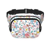 Riñonera romántica con estampado floral de pájaros y mariposas, a la moda, cuadrada, bolsa de cintura negra con correa ajustable, Negro -, Talla única