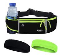 Riñonera Running Mujer y Hombre + 2 Cintas para el Sudor, Cinturón Running Impermeable con Porta Botellas, Bolsillos para Móvil, Tarjetas y Llaves, Riñonera Correr Reflectante con Salida Auriculares.