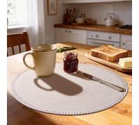 Rinpon Juego de 8 manteles Individuales Redondos de Tela, Tela de Lino rústico, Lavables a máquina, Resistentes al Calor, manteles Individuales sin Arrugas, de poliéster (Beige)