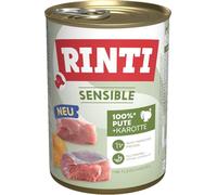 RINTI - Sensible | Comida húmeda para Perros Adultos sensibles con trozos Naturales de Carne. Alimento Completo sin Cereales en Lata sin aditivos Artificiales | 12 x 400 g de Pavo + Zanahoria