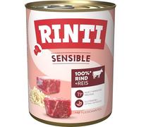RINTI - Sensible | Comida húmeda para Perros Adultos sensibles con trozos Naturales de Carne. Alimento Completo sin Cereales en Lata sin aditivos Artificiales | 6 x 800 g de Vacuno + arroz