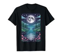 Río Iluminado por la Luna Midnight Bloom Camiseta gráfica económica, Hombre, Negro, S