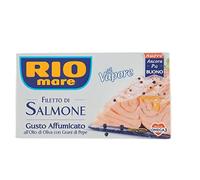 Río Mare Filetto di Salmone al vapore Gusto Affumicato all'Olio di Oliva con Grani di Pepe Filete de salmón al vapor sabor ahumado con aceite de oliva con granos de pimienta 125g