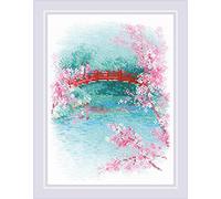 RIOLIS 1745 Sakura. Puente Kit de punto de cruz contado 18 x 24 cm | 14 ct blanco Zweigart Aida, 23 algodón Anchor colores, de intermedio a avanzado, gráfico y aguja incluidos