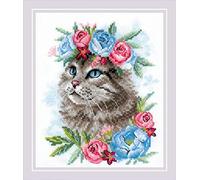 RIOLIS 2088 Gato entre Flores Kit de punto de cruz contado 15.2 x 17.8 cm | Gatos diseño, 14 ct blanco Zweigart Aida, 16 lana/acrílico colores, de principiante a intermedio, gráfico y aguja incluidos
