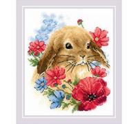 RIOLIS - Bunny in Flowers 1986, kits de punto de cruz de animales de 6 x 7 pulgadas, kits de punto de cruz para principiantes y avanzados, kit de punto de cruz para adultos, kit de bordado de costura
