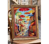 RIOLIS Colorful Umbrellas 2335 - Kit de punto de cruz contado, diseño colorido de escena callejera, kit de bordado de 11.75 x 15.75 pulgadas para adultos, kit de manualidades de costura para