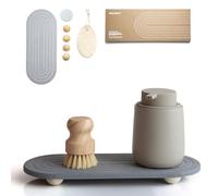 RIOMZY - Organizador de fregadero de secado instantáneo, bandeja de piedra con absorción de agua para encimera de cocina y baño, con patas de madera y luffa natural, gris