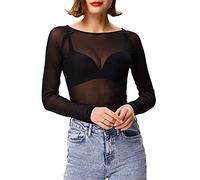 riou 2024 Camiseta Transparente Mujer Negro Sexy Manga Larga Camiseta Tops Elegante Mesh See Through Camiseta Casual Slim Chic Clubwear T Shirt Camisas de Cuello Redondo