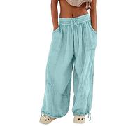 riou 2024 Pantalones Mujer Verano Cómodos Talla Grande Vintage Cintura Alta Elasticos Pantalones Verano Flojo Largos Playa con Bolsillos y Pantalones Casuales para Trabajo Diario Vacaciones