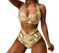 riou Bikinis Mujer 2023 ReductoresEstampado Floral Cintura Alta Traje de Baño de Dos Piezas Elegante Adolescente Divididos Bañadores Bikini Sets Biqunis, Caqui, S