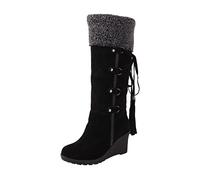 riou Botas Mujer Invierno Cuña Altas Forradas con Pelo Antideslizante Botines Punta Redonda Botas Moda Snow Vintage Botas de barril Medio Outdoor Que Caminan Negro 36-43