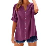 riou Camisa de Algodón y Lino con Botones para Mujer Primavera Verano Moda Color sólido Blusa Cuello en V Camiseta Elegante Tops Casual Sueltas de Trabajo de Oficina Shirt Talla Grande tee