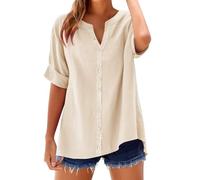 riou Camisa de Algodón y Lino con Botones para Mujer Primavera Verano Moda Color sólido Blusa Cuello en V Camiseta Elegante Tops Casual Sueltas de Trabajo de Oficina Shirt Talla Grande tee