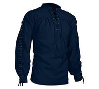 riou Camisa Medieval de Lino para Hombre Manga Larga Primavera Casual Básica Shirt Retro con Cordón Henley Camisas Estilo Hippie Traje de Pirata Superior Ropa de Playa Caminar Vacaciones