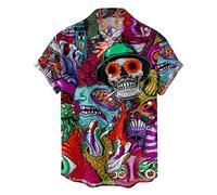 riou Camisas Hawaianas Hombre 2025 Baratas Estampada Funky Suelta Blusa Casual Cuello en V T-Shirt con Cierre de Botón Ligero y Transpirable para Diario Viaje Vacaciones Fiesta