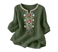 riou Camisas Mujer Manga 3/4 Algodón y Lino Primavera Cuello en V Casual T-Shirt Vintage Bordado Camiseta de Mujer Moda Casual Elegante Suelto Fiesta Tops T-Shirt Original Oficina Negocios