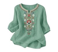 riou Camisas Mujer Manga 3/4 Algodón y Lino Primavera Cuello en V Casual T-Shirt Vintage Bordado Camiseta de Mujer Moda Casual Elegante Suelto Fiesta Tops T-Shirt Original Oficina Negocios