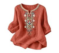 riou Camisas Mujer Manga 3/4 Algodón y Lino Primavera Cuello en V Casual T-Shirt Vintage Bordado Camiseta de Mujer Moda Casual Elegante Suelto Fiesta Tops T-Shirt Original Oficina Negocios