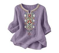 riou Camisas Mujer Manga 3/4 Algodón y Lino Primavera Cuello en V Casual T-Shirt Vintage Bordado Camiseta de Mujer Moda Casual Elegante Suelto Fiesta Tops T-Shirt Original Oficina Negocios