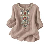 riou Camisas Mujer Manga 3/4 Algodón y Lino Primavera Cuello en V Casual T-Shirt Vintage Bordado Camiseta de Mujer Moda Casual Elegante Suelto Fiesta Tops T-Shirt Original Oficina Negocios