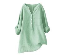 riou Camisas Mujer Manga Larga Algodón y Lino Cuello en V Casual T-Shirt Manga Larga Color Sólido Camiseta de Mujer Camiseta Casual Suelto Fiesta Tops T-Shirt Original otoño Primavera tee