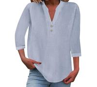 riou Camisas Mujer Manga Larga Algodón y Lino Cuello en V con Botones Camisa Informal Color Sólido Camiseta Casual Sueltas de Trabajo de Oficina Fiesta Tops T-Shirt Original Primavera tee