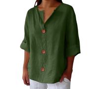 riou Camisas Mujer Manga Larga Algodón y Lino Cuello en V con Botones Primavera Verano Camisa Informal Color Sólido Camiseta Casual Sueltas Trabajo Oficina Fiesta Tops T-Shirt Original