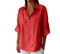 riou Camiseta Manga Larga Blanca Mujer Algodón y Lino Elegante Primavera Verano Moda Basic Blusa Tops Transpirable Blusa de Manga 3/4 Slim Fit Sexy Otoño Talla Grande tee