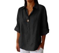 riou Camiseta Manga Larga Blanca Mujer Algodón y Lino Elegante Primavera Verano Moda Basic Blusa Tops Transpirable Blusa de Manga 3/4 Slim Fit Sexy Otoño Talla Grande tee