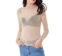 riou Camiseta Transparente Mujer Negro Sexy Manga Larga Camiseta Tops Elegante Mesh See Through Camiseta Casual Slim Chic Clubwear T Shirt Camisas de Cuello Redondo