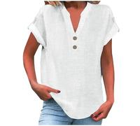 riou Camisetas Basicas Mujer Manga Corta Algodón y Lino Primavera Verano Moda Color Sólido Basic Blusa Tops Transpirable Casual Blusa Shirts Oficina Fiesta Superior Original Tops