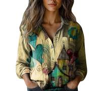 riou Camisetas de Manga Larga para Mujer Algodón y Lino con Botón Cuello en V Moda Camisa Informal Transpirable Casual Blusa Shirts Slim Fit Sexy Otoño Primavera tee