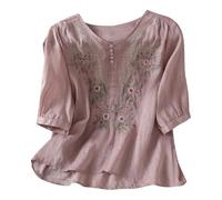 riou Camisetas de Manga Larga para Mujer Algodón y Lino Cuello en V con Botones Moda Blusa de Mujer Informal Transpirable Casual Blusa Shirts Oficina Fiesta Superior Primavera tee