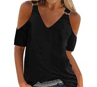 riou Camisetas Mujer Manga Corta Originales Cuello en V Patchwork con Estampado Flores Camiseta de Encaje sobre Hombros Basica Blusas Informal Ligera Cómoda Adolescente tee Tops