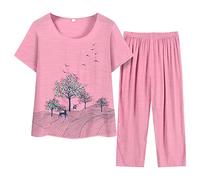 riou Conjunto Chandal Deportivo Mujer Verano Tallas Grandes Algodón O-Cuello Traje De Dos Piezas Cómodo Y Transpirable Ropa Para El Hogar Traje De Ligera Fiesta Oficina Negocios Vestir Playa