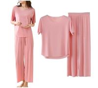 riou Conjunto de Pijama para Mujer, Casual Seda Arrugada Verano Camiseta de Manga Corta Cuello Redondo Color Liso y Pantalones de Pierna Ancha Chándal Dos Piezas con Bolsillos y Cordón