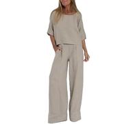 riou Conjunto Dos Piezas Mujer 2 Pcs Casual Algodón y lino Elástico Cintura Alta Camiseta Y Pantalones Cordón Cómodo Y Transpirable Ropa Para Ropa De Deportivo Fiesta Oficina Negocios Vestir Playa