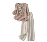 riou Conjunto Mujer Verano 2 Piezas Original Moda Algodon y Lino Traje de Primavera Ligero Chándal Blusa Manga 3/4 Pantalones Ropa de Playa Vacaciones Deportivo Casa Trabajo M-3XL