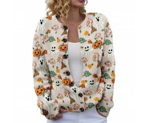 riou Halloween Suéter Mujer Invierno Punto Cuello Redondo Cardigan con Botones Rebecas Divertido Estampado Chaqueta de Punto Manga Larga Jersey Mujer Suave y Cómodo Sweater Cálido