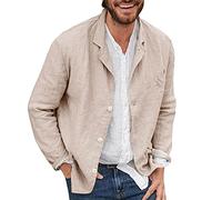 riou Hombre Camisas Lino T-Shirt Manga Larga Moda Suelto Camiseta Suelta Blusa Camisetas de Playa Informales con Botónes Top Ligero y Transpirable Ropa de Playa Caminar Vacaciones