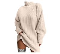 riou Jersey Mujer Invierno Largo Elegante Vestido de Suéter de Cuello Alto Jersey de Manga Larga Punto Túnica Cómodo Elástico Rayas Jersey Cable Knitted Lana Casual Suéter Pullover Original