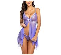 riou Lencería Conjunto Mujer Encaje Babydoll Lingerie Sexy Ropa de Dormir Camisón Suave Frente Abierto Camisón Mini Vestido con Cuello Halter Dos Piezas