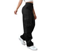 riou Pantalones Cargo Mujer Largos Trabajo Algodón Cintura Alta Pantalón Chándal Suelto con Bolsillos Pantalones de Piernas Anchas Caminar Adolescente Y2K Punk Pantalón Deportivos Trousers Pants