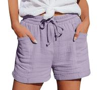 riou Pantalones Cortos Mujer Verano Frescos Lino Algodon Cintura Elástica y Cordón Ajustable Casual Bolsillos Bermudas Elegante Pantalones Cortos Sueltos para Playa Diario Yoga