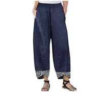 riou Pantalones Mujer Comodos Talla Grande Lino de Algodón Cintura Alta Pierna Ancha Baggy Suelto Pantalón Largo Pantalones Ligeros Playa Cómodo y Transpirable para Verano Tallas S-5XL
