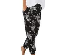 riou Pantalones Mujer Verano Cintura Alta Vintage Floral Pants de harén con Bolsillos Pantalón Largos Transpirable y cómodo Pantalones de Playa