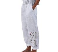 riou Pantalones Mujer Verano Frescos Talla Grande Lino de Algodón Cintura Alta Pierna Ancha Baggy Suelto Pantalón Largo Ligeros Pantalón de Chándal Suave y Cómodo Danza Pilates Yoga Pants