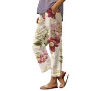 riou Pantalones Mujer Verano Talla Grande Lino de Algodón Cintura Alta Vintage Estampado Suelto Pantalón Largo Ligeros Pantalón de Chándal Suave y Transpirable Danza Pilates Yoga Pants